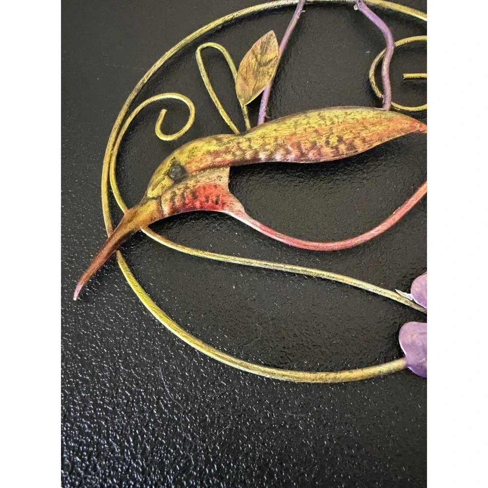 Hummingbird Metal Hanging Handcrafted Metal Art 7 in Gold Purple Red Age Unknown